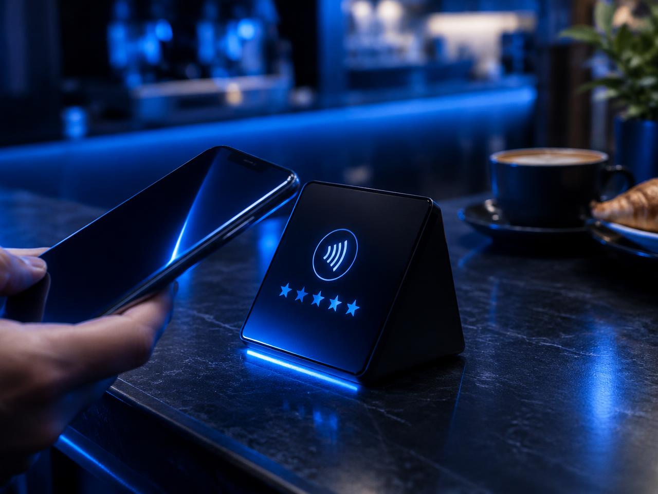 Plaquinha NFC de avaliação ao lado de um celular em um balcão