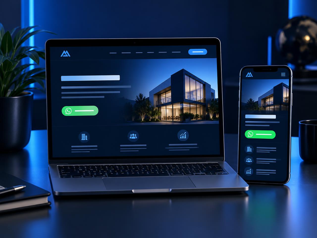Computador e celular mostrando o site de uma empresa